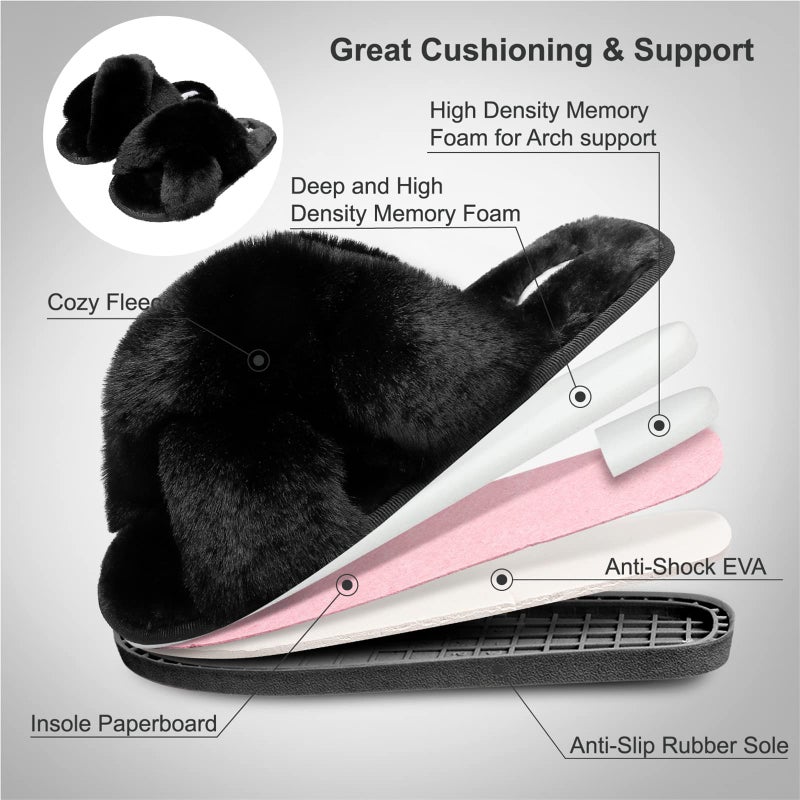 JIASUQI Cross Open Toe Fuzzy Fluffy House Slippers for Women Cozy Memory Foam Plush Criss Cross Furry Slides Slippers Black 8-9 - Image 4